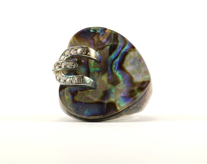 Vintage Size 7 Silver Ring Heart Design Abalone 925 Sterling Silver RG 1853-E
