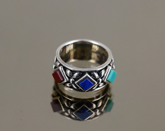 Vintage Size 7 Three Stones Turquoise Lapis Lazuli Carnelian Flowers Thailand Design Band Ring 925 Sterling Silver RG 3053