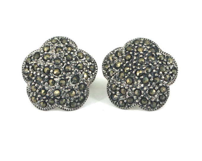 Vintage Floral Flower Marcasite Stud Back Earrings Sterling Silver ER 1581