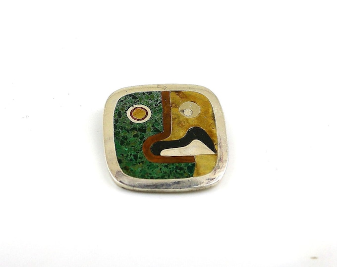 Vintage Mexico Chip Stone Mosaic Abstract Mask Face Tribal Design Brooch Sterling Silver 925 BB 1700