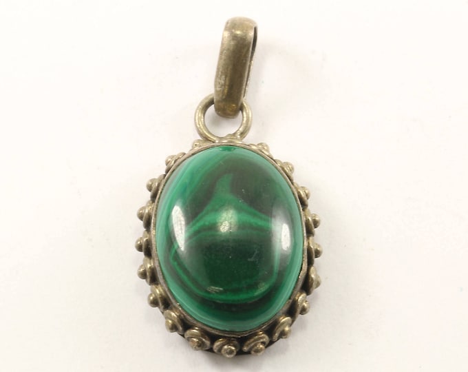 Vintage Malachite Oval Pendant 925 Sterling Silver PD 2368