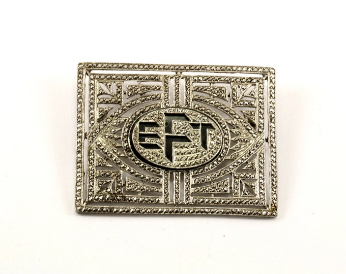 Vintage Initial EFT Onyx Marcasite Inlay Pin/Brooch 925 Sterling Silver BB 421-E