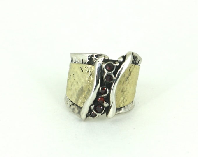 Vintage Amir Poran  14K Hammered Gold Two Tone Red CZ Ring Sterling 925 Silver RG 1708