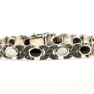 Vintage XOXO Design Perlmutt Onyx & Markasiten Glieder Armband 925 Sterling BR 2553