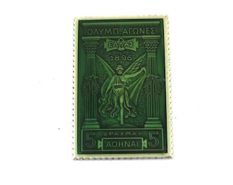 Vintage 1896 Athens Olympic Games  Metropolitan Collection Enamel Postage Stamp 925 Sterling Silver OT 128