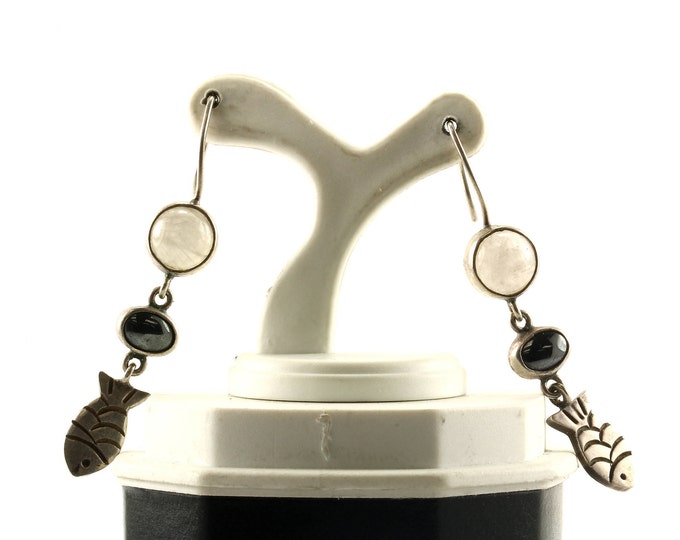 Vintage Fish Shape Black & White Stones Dangle Earrings Sterling Silver ER 665