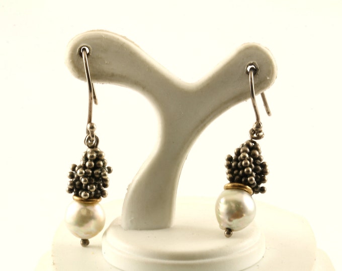 Vintage Beautiful Natural Pearls Beaded Design Drop/Dangle Earrings Sterling Silver ER 1256