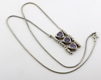 Vintage Purple Triangle Three Shiny Crystals CZ Beads Beaded Design Necklace 925 Sterling Silver NC 1924