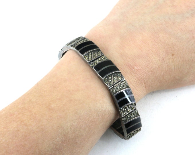 Vintage Black Onyx & |Marcasite Link Bracelet | 925 Sterling Silver Bracelet | BR 3370
