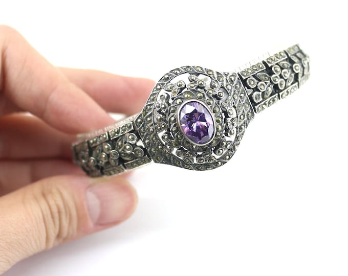 Vintage Marcasite Purple CZ Crystals Floral Bracelet 925 Sterling Silver BR 1932