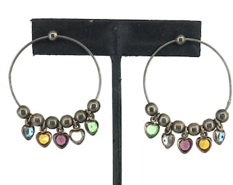 Vintage Sterling Silver Hoop Earrings Multi-Color Heart Dangles ER 1734