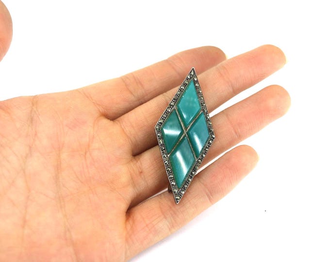 Vintage Elongated Rhombus w/ Green Stones & Marcasite Brooch Sterling Silver 925 BB 2343