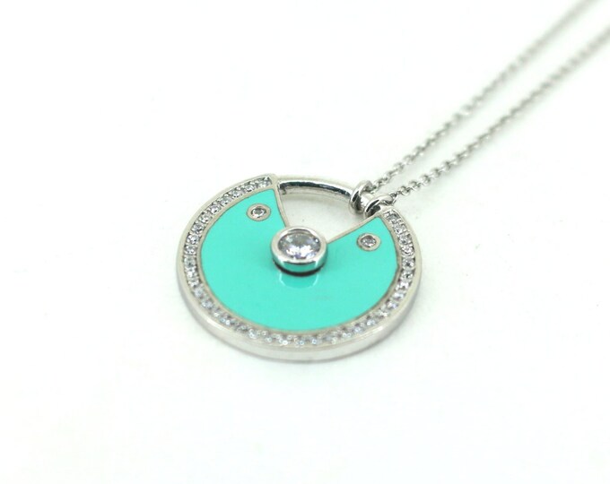18 Inch Turquoise Enamel Round CZ Pendant Necklace 925 Sterling Nc 529