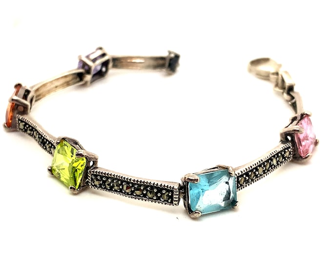 Vintage Bracelet | Marcasite Stones Design | Multi color Stones Bracelet | Beautiful Chain Bracelet | Sterling Silver 925 | BR 2609N