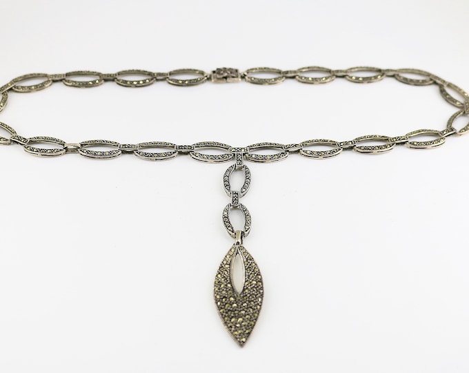 Vintage Oval Shiny Marcasite Stones Gorgeous Chain Design Necklace 925 Sterling Silver NC 2138