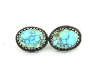 Vintage Beautiful Oval Turquoise Stud Earrings 925 Sterling Silver ER 1482