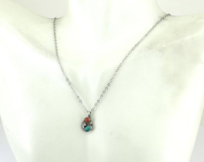 Vintage Natural Turquoise Coral Stone Braided Classic Thin Chain Necklace 925 Sterling Silver NC 1343