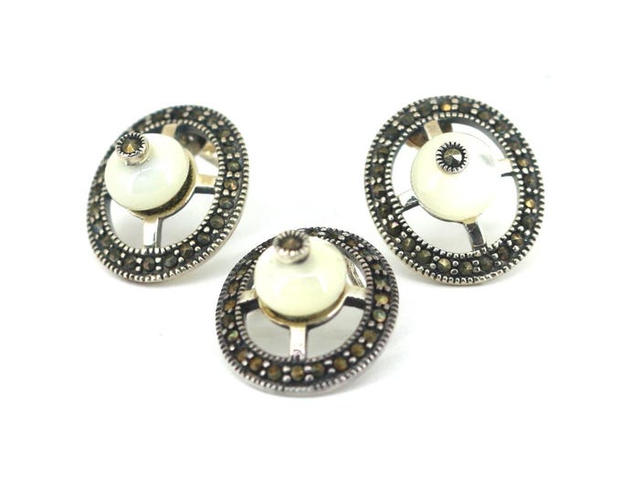 Vintage Oval Opal & Marcasite Signed MT Stud Earrings/ Pendant Set Sterling Silver ER 1155