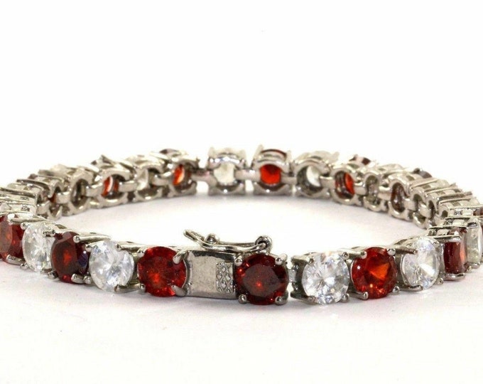 Vintage Red White Round Crystals Inlay Tennis Bracelet 925 Sterling BR 094