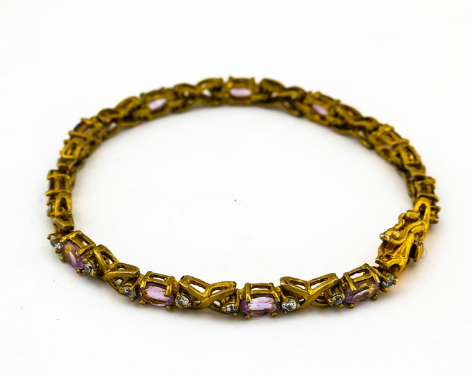 Gold Plated XO Links with White & Purple CZ Crystals Design DBJ Marked Vintage Elegant Tennis Bracelet for Women 925 Sterling Silver Br 2854