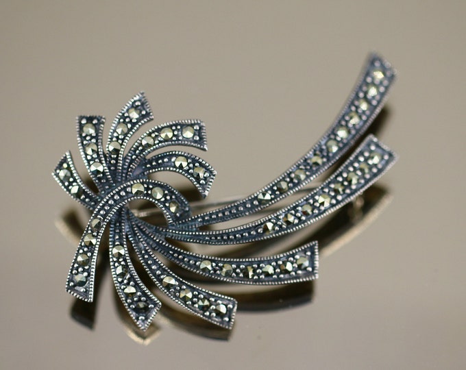 Vintage Antique Scroll Elegant Marcasite Brooch Pin Sterling Silver 925 BB 1844