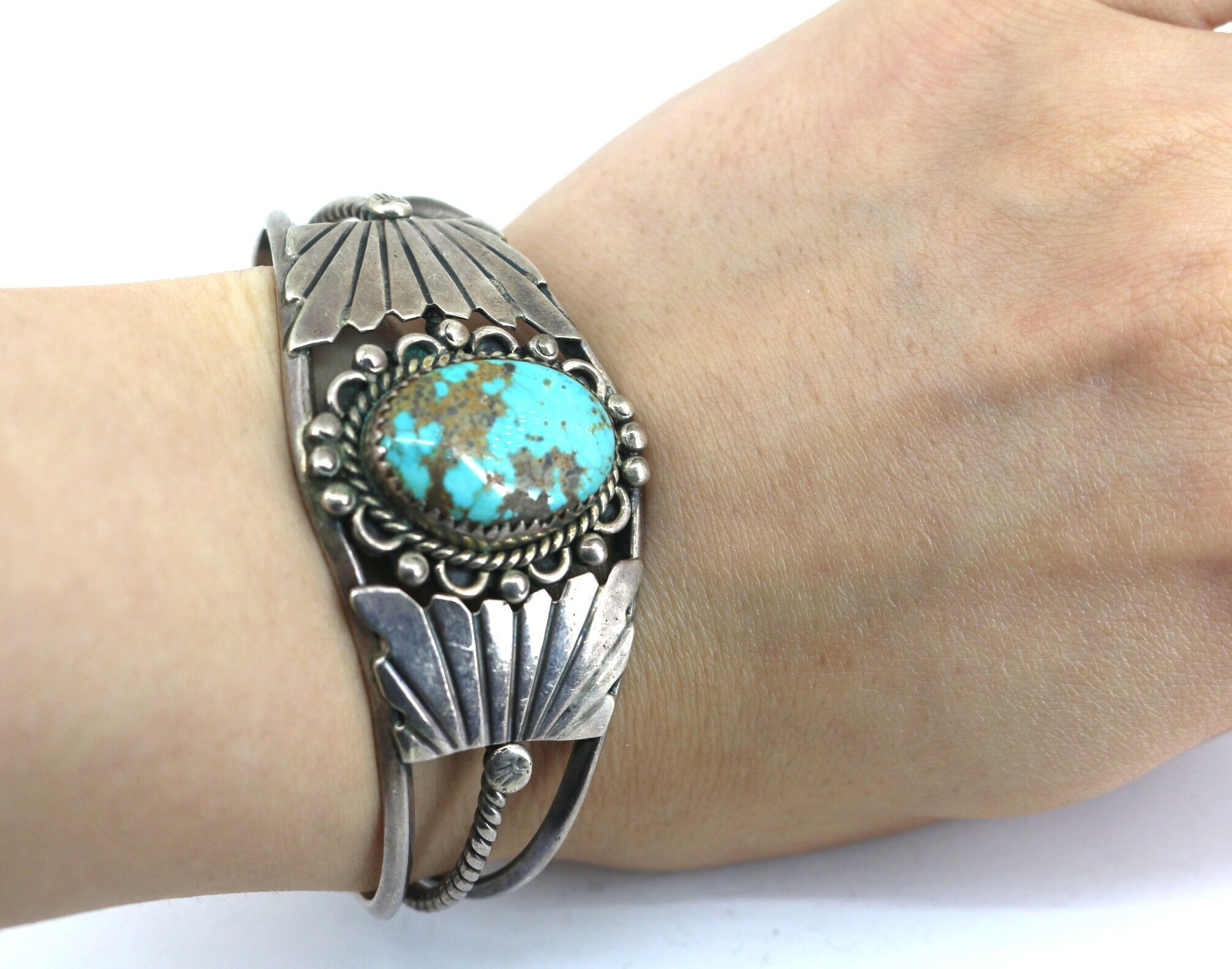Vintage Navajo Turquoise Stone Signed MP Design Cuff Bracelet 925