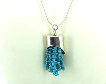 Vintage Turquoise Tassel Necklace Sterling Silver Liquid Turquoise Pendant NC 017