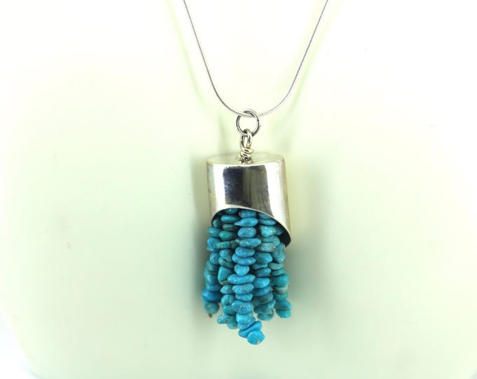 Vintage Turquoise Tassel Necklace Sterling Silver Liquid Turquoise Pendant NC 017