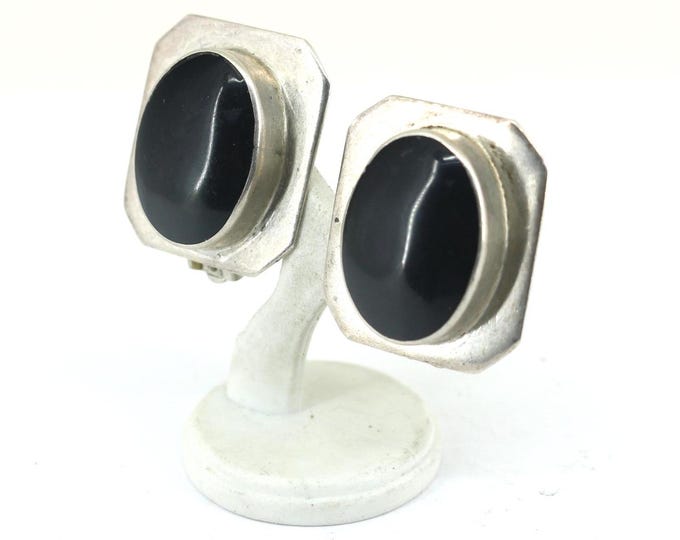 Vintage Shiny Inlaid Black Onyx Design Stud Earrings Sterling Silver 925 ER 796