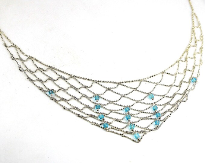 Vintage Multi Layered Princess Style Beautiful Blue Crystal Beads Beaded Design Chain Necklace 925 Sterling NC 1542B