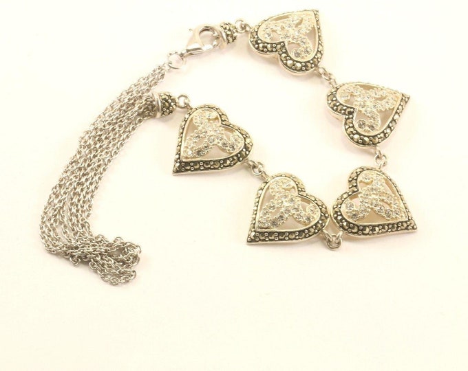 Vintage Heart Shape Crystals Marcasite Ankle Bracelet Sterling 925 Br 3208
