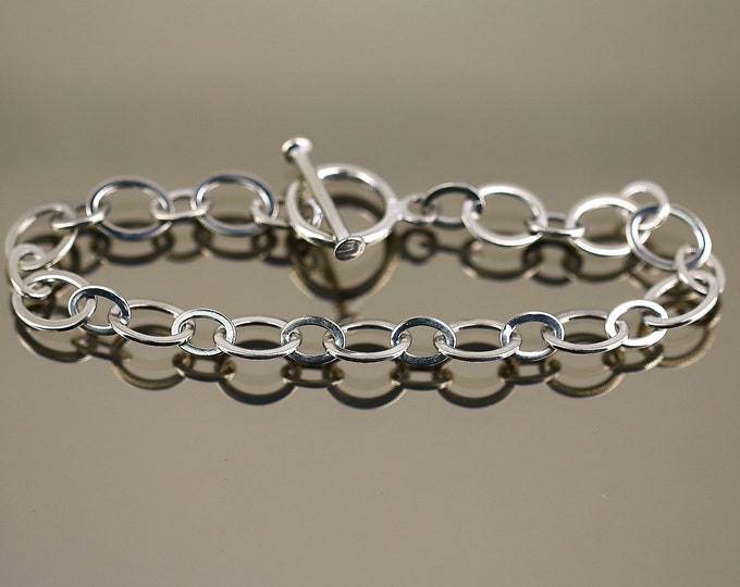 Vintage Man Flat Oval Rolo Design Chain Link Bracelet 925 Sterling Silver BR 3970