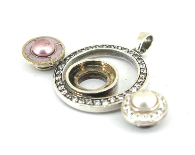 Vintage Kameleon Designer Crystal Round Inlaid White & Pink Pearl Pendant 925 Sterling Silver PD 2299
