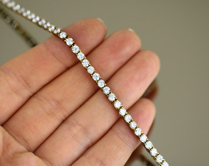 Vintage Gold Plated Sparkling Crystals CZ Design Tennis Chain Bracelet 925 Sterling Silver BR 1846