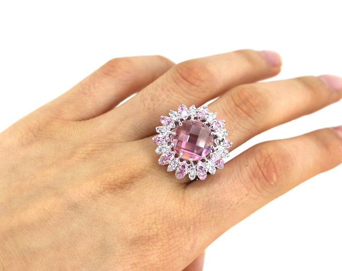 Vintage Sparkling Size 7.25 Art Deco Style Pink Topaz CZ Cluster 925 Sterling Silver RG 3509