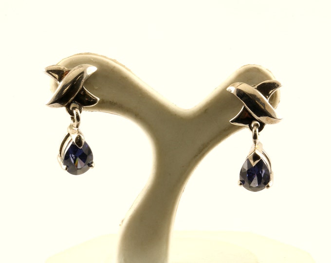 Vintage Beautiful Sapphire Blue Color Crystals Design Drop/Dangle Earrings Sterling Silver ER 1260