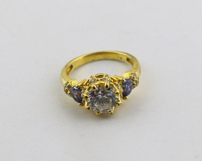 Size 7 Shiny Royal Crown Blue White Crystals CZ Gold Plated Classy Design Ring 925 Sterling Silver RG 1089K