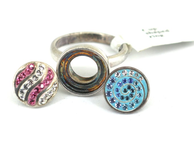 Vintage Size 7 Kameleon Designer Inlaid Pink & Blue Cz Crystals Cup Shaped Ring 925 Sterling Silver RG 6B