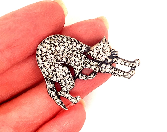 Vintage Brooch | Cat Design Brooch | White Chrystal Design Brooch | Cut Design Brooch | Silver 925 Sterling | BB 2266V