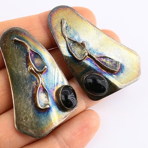 Vintage Beautiful Israel Avi Soffer Modernist Black Onyx Design Clip On Earrings 925 Sterling ER 1392