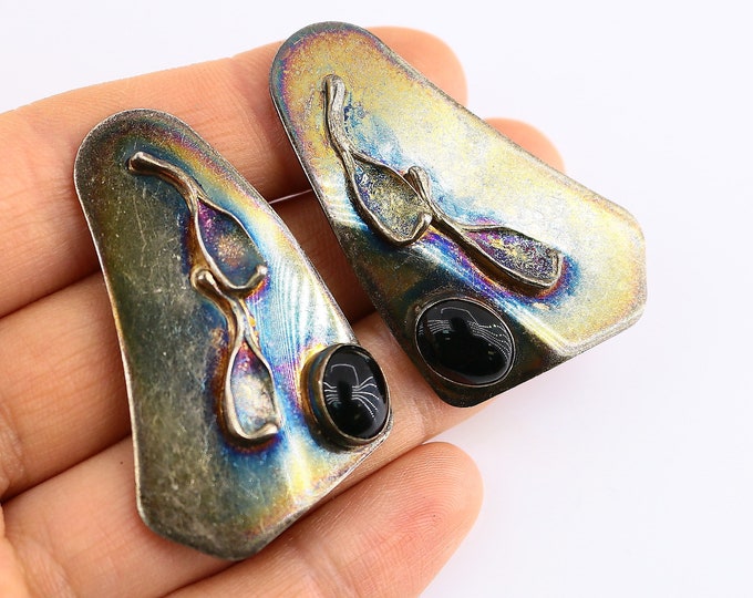 Vintage Beautiful Israel Avi Soffer Modernist Black Onyx Design Clip On Earrings 925 Sterling ER 1392