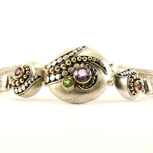 Vintage Beaded Gold Beads Amethyst Peridot Stone Braided Round Flower Design Bracelet 925 Sterling BR 3018