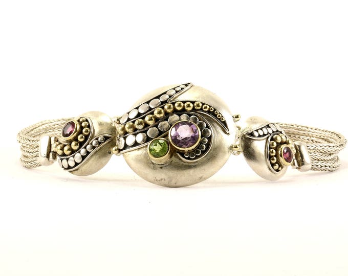 Vintage Beaded Gold Beads Amethyst Peridot Stone Braided Round Flower Design Bracelet 925 Sterling BR 3018
