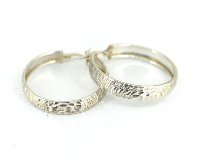 Vintage Medium Size Minimalistic Textured  Hoop Earrings  925 Sterling Silver ER 849