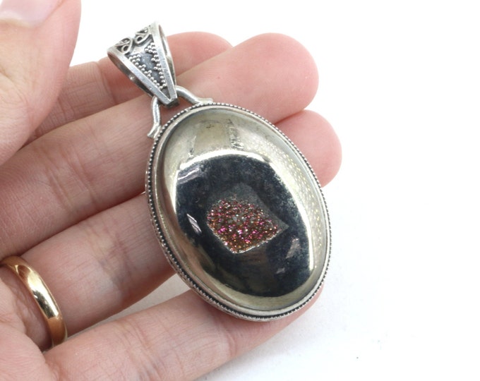 Vintage Large Oval Druzy Pendant 925 Sterling Silver PD 1198
