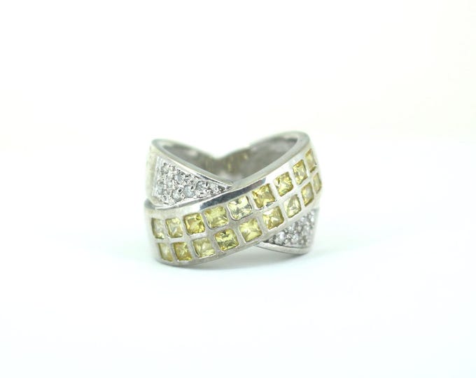 Vintage Yellow & White Crystals X Cross Design Ring 925 Sterling Silver RG 4166