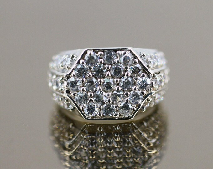 Vintage Men Hexagon Sparkling Crystals CZ Signet Design Ring 925 Sterling Size 8.5 RG 4318