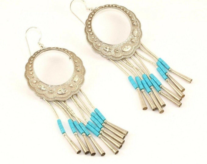 Vintage Turquoise Textured Ethnic Dangle Earrings 925 Sterling Silver Er 237
