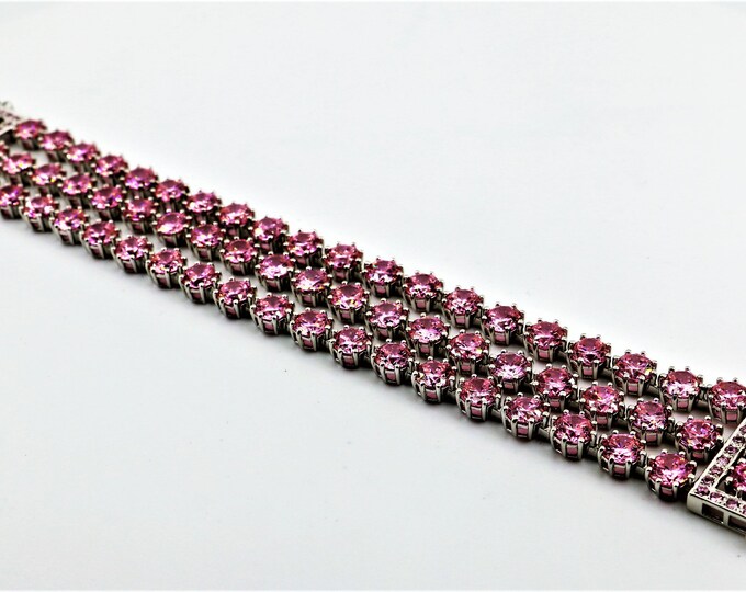 Vintage Three Row Pink Crystal Bracelet 925 Sterling Silver BR 1447-E