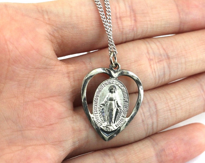 Vintage Miraculous Medal Heart Ladies Religious Pendant Sterling Silver 925 Necklace NC 1652